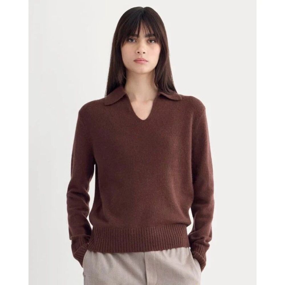 EVERLANE The Cashmere Polo Sweater M Mahogany Brown Slim Fit Soft Cozy EUC A4